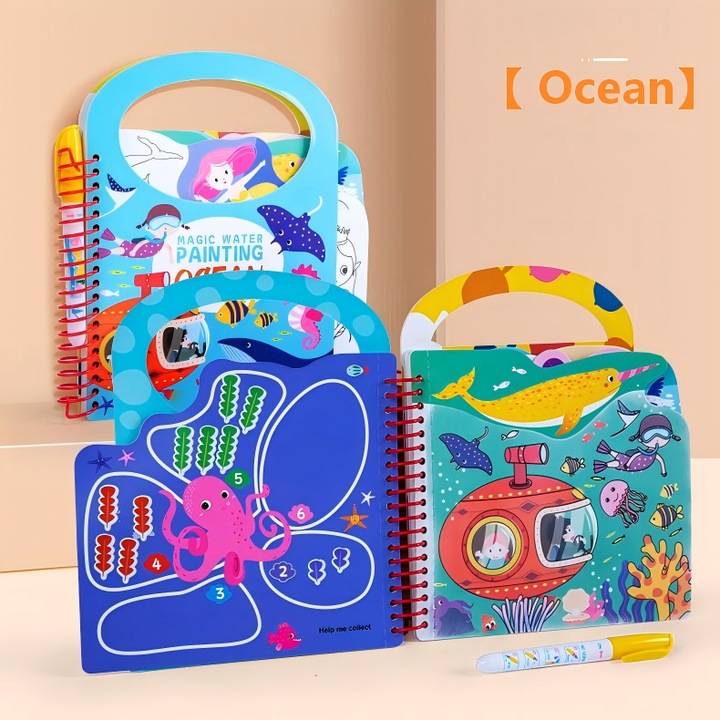 Magic Water Wow - Carte de Colorat cu Apa Reutilizabila, 8 Pagini, 3 Teme (Ocean, Animale, Dinozauri), Pix Recapatibil, Portabil, Eco-Friendly, pentru Copii 3+ Ani