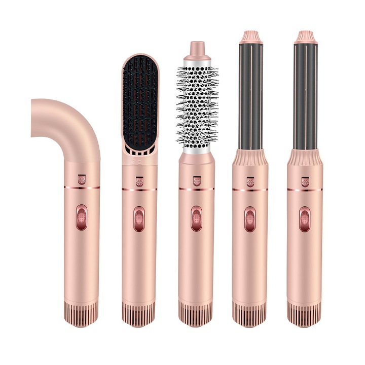 5 az 1-ben multifunkciós hajsütővas, elektromos hajkefe-készlet 5 tartozékkal, hajszárítás, göndörítés, kiegyenesítés és formázás, 3 hőmérséklet-beállítás, rózsaszín