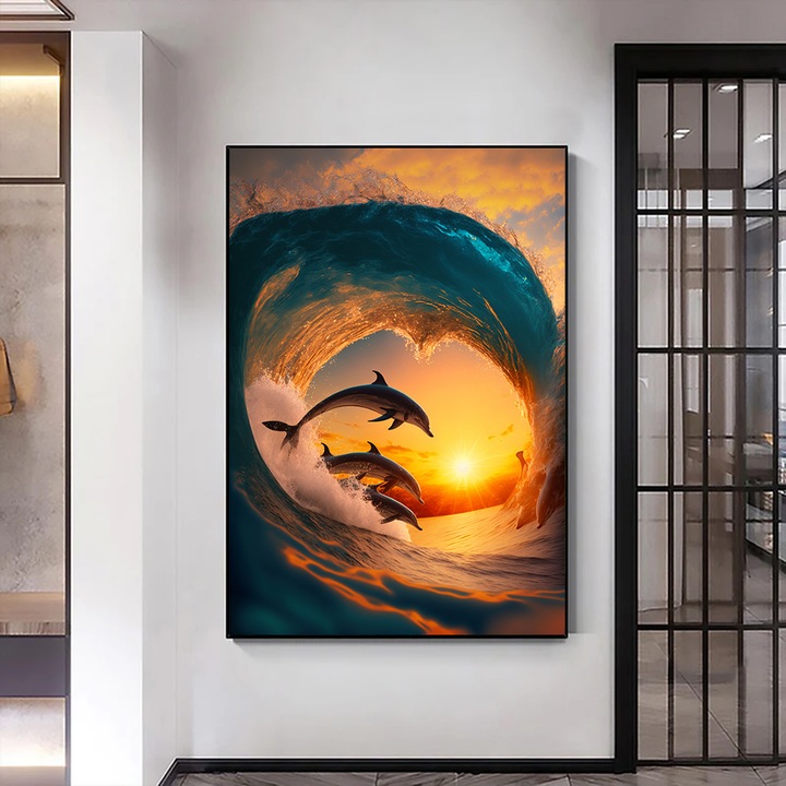 Tablou Canvas cu Delfini – Jocul Valurilor - 60 x 90 cm, Arta Marina pe Panza Premium, Tablou Delfini Jucausi, Energie Pozitiva, Decor Modern pentru Living, Dormitor sau Birou, Cadou Relaxant, Vizio Tablouri Canvas®