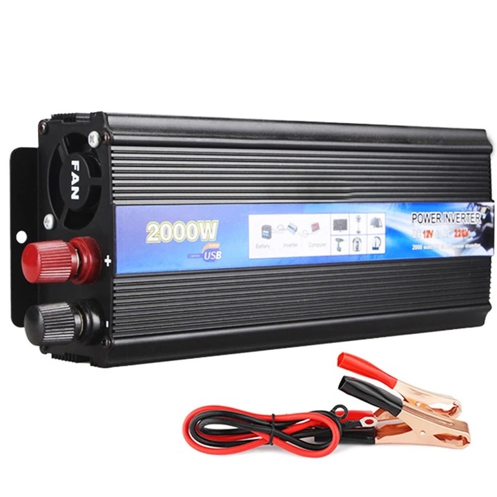 Invertor 2000W, 12V-220V, Se aplica la autorulota, casa, cabana, auto, Rulote, camping, Negru