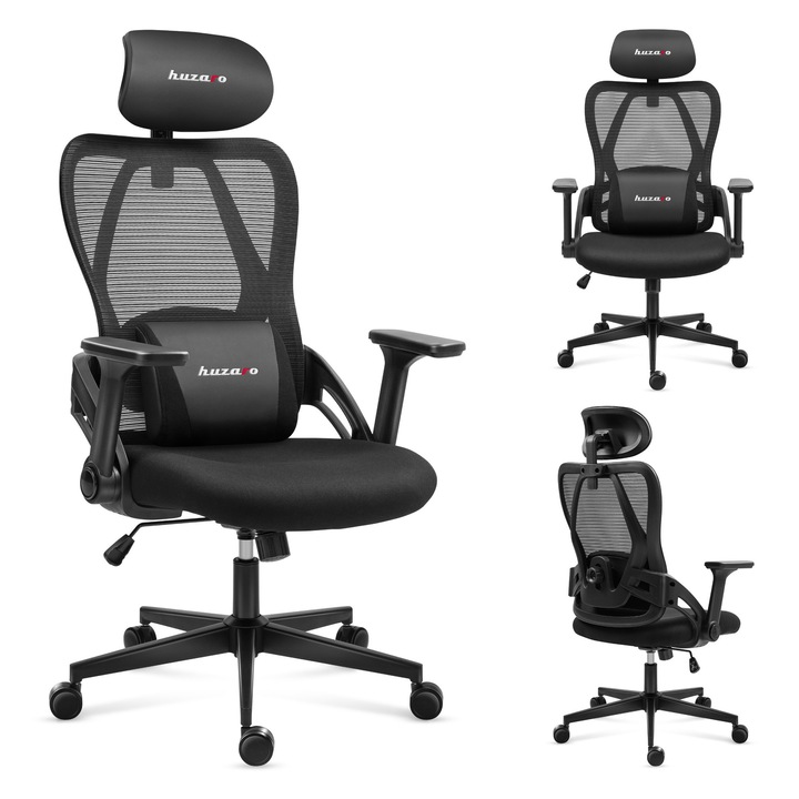 Геймърски стол Huzaro Combat 2.7, регулируеми подлакътници, дишаща мрежеста тапицерия, Черен