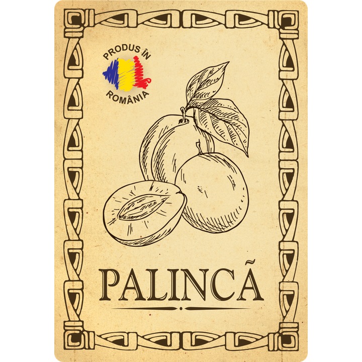 Eticheta sticle palinca produs in Romania, autoadeziv usor de aplicat, autentic Romanesc, Cri-Flo, dimensiune 100x70 mm