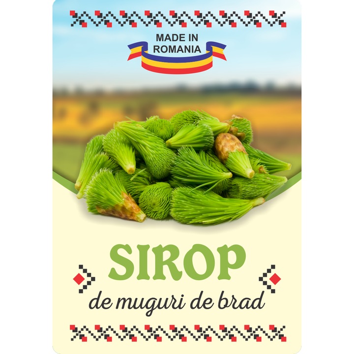 Eticheta sticle sirop muguri de brad, autoadeziv usor de aplicat, autentic Romanesc, Cri-Flo, dimensiune 100x70 mm