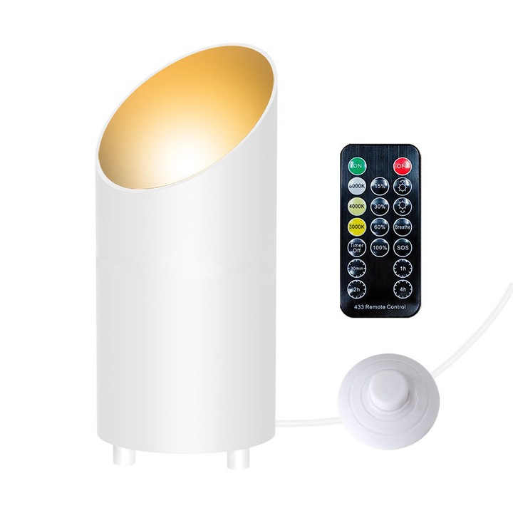 Lampa, 5W, trei temperaturi de culoare, reglare a luminozitatii, functie de temporizare, comutator de picior, telecomanda, 17x8cm, alb