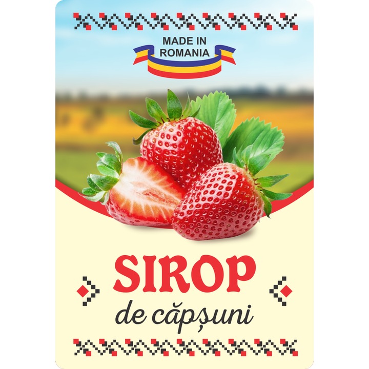 Eticheta sticle sirop capsuni, autoadeziv usor de aplicat, autentic Romanesc, Cri-Flo, dimensiune 100x70 mm