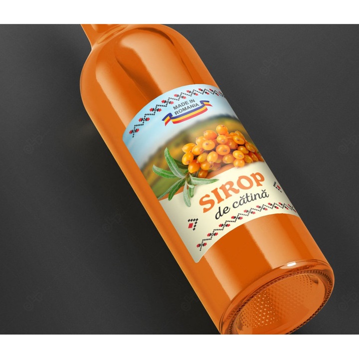 Eticheta sticle sirop de catina, autoadeziv usor de aplicat, autentic Romanesc, Cri-Flo, dimensiune 100x70 mm