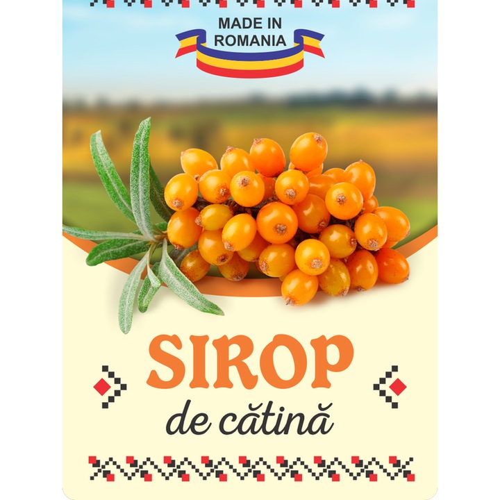 Eticheta sticle sirop de catina, autoadeziv usor de aplicat, autentic Romanesc, Cri-Flo, dimensiune 100x70 mm