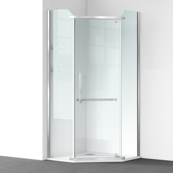 Cabina de dus, pentagonala, usa batanta, Crom, sticla 8 mm, suport prosoape, 2 rafturi, 90 x 90 cm, Nano Easy Clean, Leon
