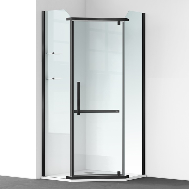 Кабина за душ, петоъгълна, с люлееща се врата, Nano Easy Clean, Leon, матово черна, стъкло 8 мм, поставка за кърпи, 2 рафта, 90 x 90 см