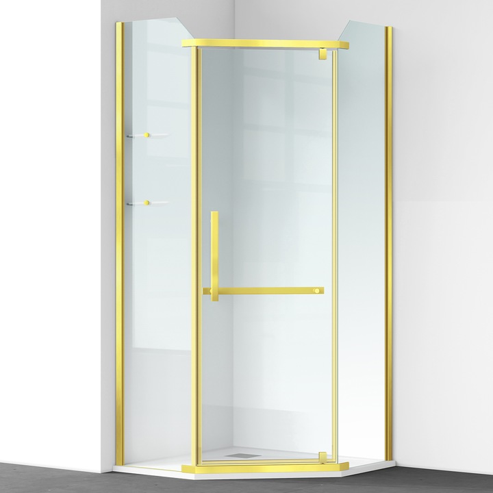Cabina de dus, pentagonala, usa batanta, Auriu Mat, sticla 8 mm, suport prosoape, 2 rafturi, 90 x 90 cm, Nano Easy Clean, Leon