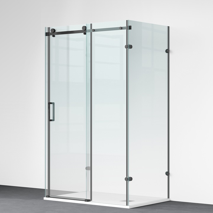 Cabina de dus, perete fix, usa glisanta, Sticla 8 mm, Tratament Nano, Negru Mat, Dimensiuni 70x160 cm, Solana