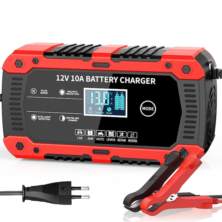 Redresor auto inteligent, Incarcare rapida, 12V/10A, 150W, Power bank auto, LCD Display digital, Rosu/Negru
