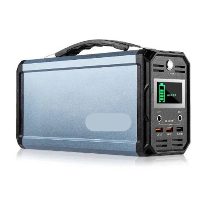 Statie de alimentare portabila, putere 300W, capacitate 222Wh, baterie Lifepo4, incarcare solara, gri