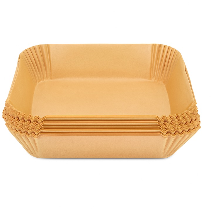 50 darabos sütőpapír készlet légkeveréses fritőzhöz, mikrohullámú sütőhöz, fritőzhöz, hőálló, tapadásmentes, olajmentes sütés, nem mérgező, műanyag dobozzal együtt, négyzet alakú, 16 cm, natúr