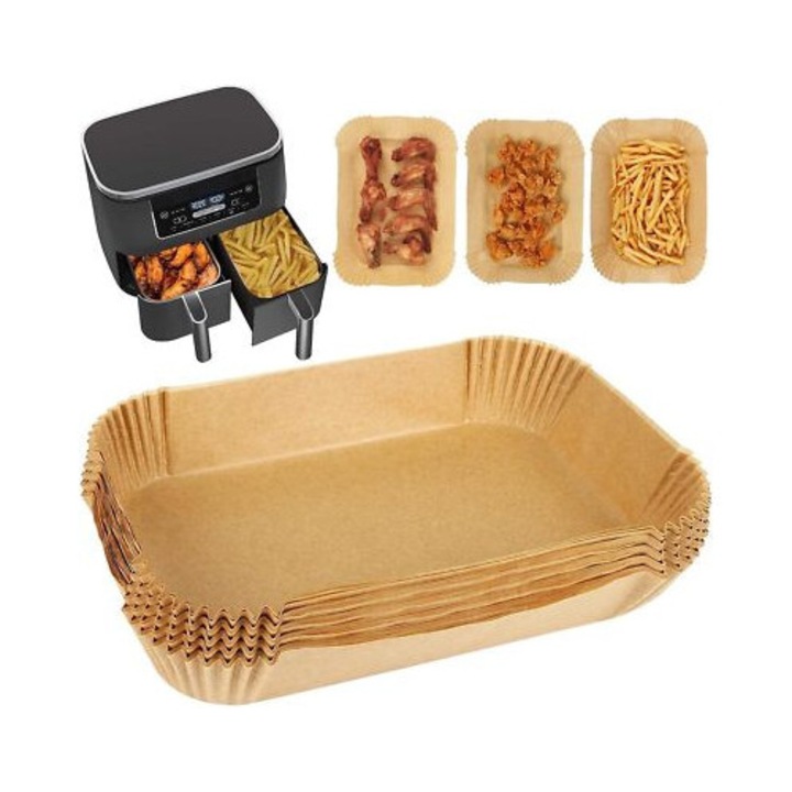 50 darabos Sütőpapír készlet légkeveréses fritőzhöz, mikrohullámú sütőhöz, hőálló, tapadásmentes, olajmentes sütés, nem mérgező, műanyag dobozzal a tároláshoz, téglalap alakú, 220 x 140 cm, natúr