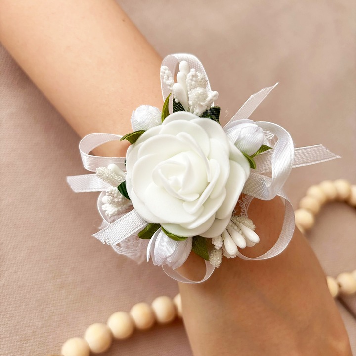Bratara Nunta Dantela cu Accesorii Albe