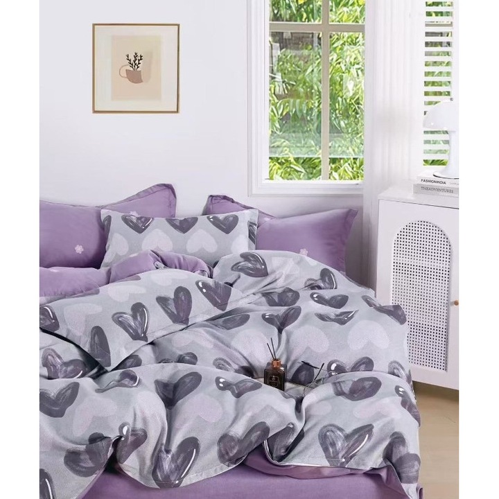 Спално бельо, Фино, За 1 човек, 4 части, 140x200 см, Принт със сърца, Лилаво