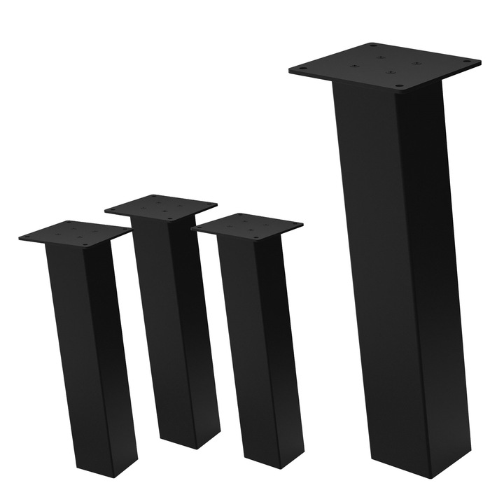 Комплект от 4 метални крака за маса ML-Design, височина 42 см, гланцово черно, индустриален стил, прахово боядисана стомана, профил 8x8 см, наклон 96° за масички за кафе, пейки и мебели за хол, самозалепващи се протектори за под и товароносимост 500 кг