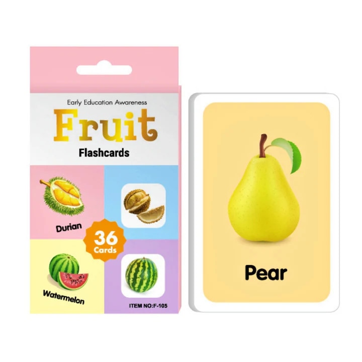 Set 36 de carduri educative cu fructe, invatare in limba engleza, cu doua fete, Plastifiate, Anti-Rupere, Colturi Rotunjite, Metodologia Montessori, 13 x 8.8 cm, Multicolor