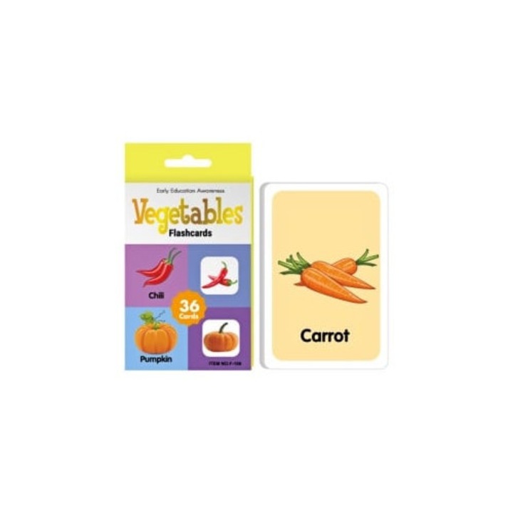 Set 36 de carduri educative cu legume, invatare in limba engleza, cu doua fete, Plastifiate, Anti-Rupere, Colturi Rotunjite, Metodologia Montessori, 13 x 8.8 cm, Multicolor