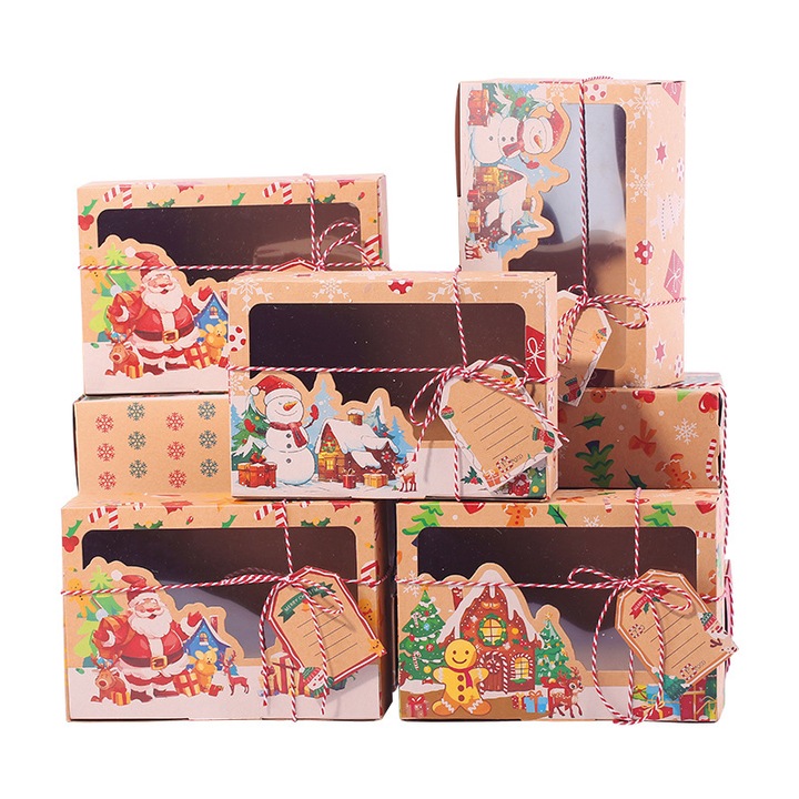 Set 12 cutii de tort cu ferestre de Craciun pentru cadouri, produse de patiserie, bomboane, favoruri de petrecere, 8,66 x 5,91 x 2,76 inch