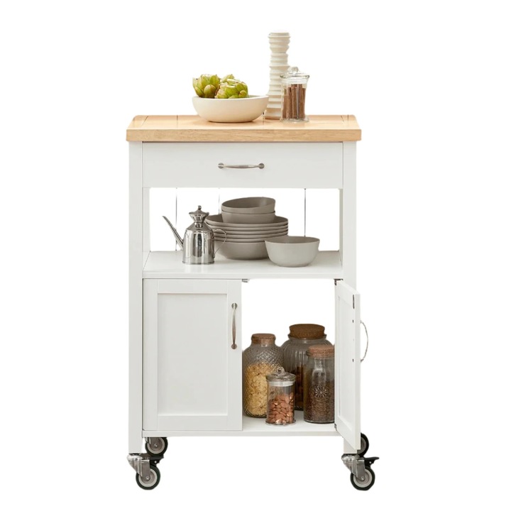 Konyhai zsúrkocsi, rozsdamentes acél tetejű, fiókos tároló, fa keret, fehér
