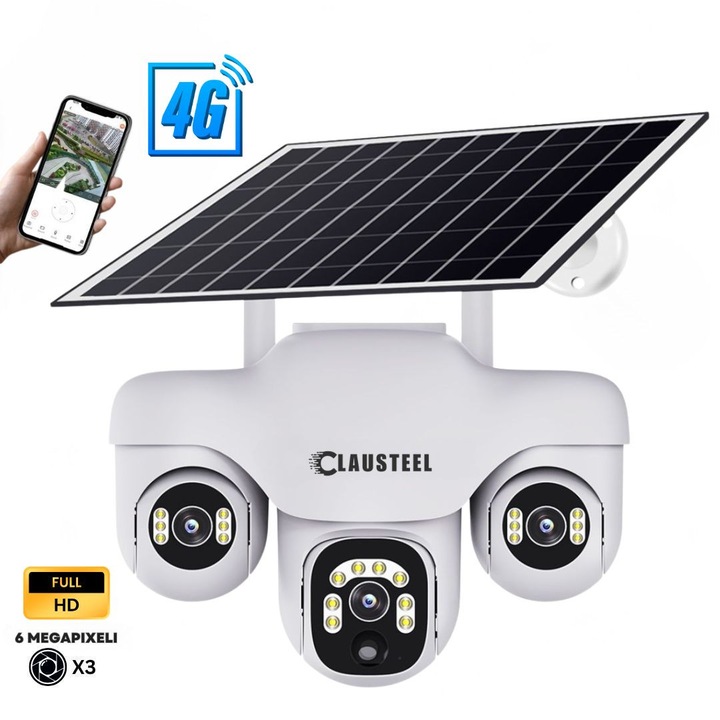 Camera de supraveghere CLAUSTEEL 3in1 cu panou solar, conexiune cu SIM 4G, 6 MP Full HD, 8000 mAh, panou solar de 8W, 3 lentile PTZ, senzor PIR, viziune nocturna color, slot MicroSD, microfon, alimentare dubla