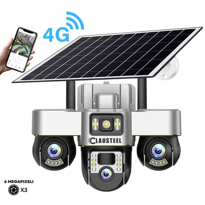 Camera de supraveghere CLAUSTEEL 3in1 cu panou solar, conexiune cu SIM 4G, 6 MP Full HD, 8000 mAh, panou solar de 8W, 3 lentile PTZ, senzor PIR, viziune nocturna color, slot MicroSD, microfon, alimentare dubla