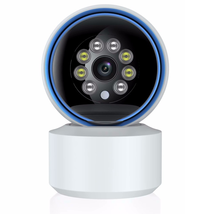 WIFI IP камера за видеонаблюдение, Full HD 3MPX, нощно виждане, автоматично завъртане, 3MPX резолюция, сензор за движение, бяло/синьо