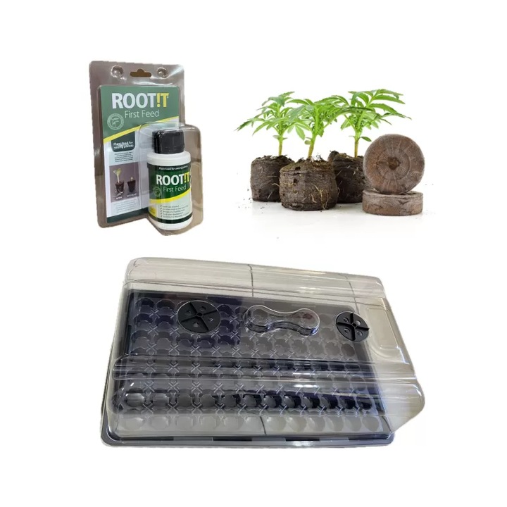 Kit rasad propagator, Tava 60 cuiburi, Pelete 60 buc. Jiffy, Supliment Root It