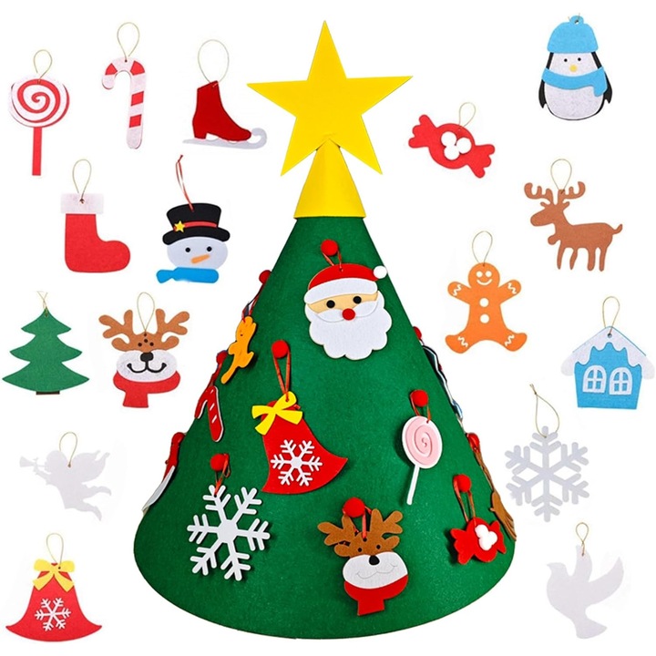 3D filc karácsonyfa díszekkel díszítve