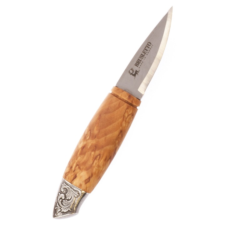 Cutit cu lama fixa Renessanse, Brusletto, lemn de mesteacan, 19x8cm, cu teaca din piele neagra