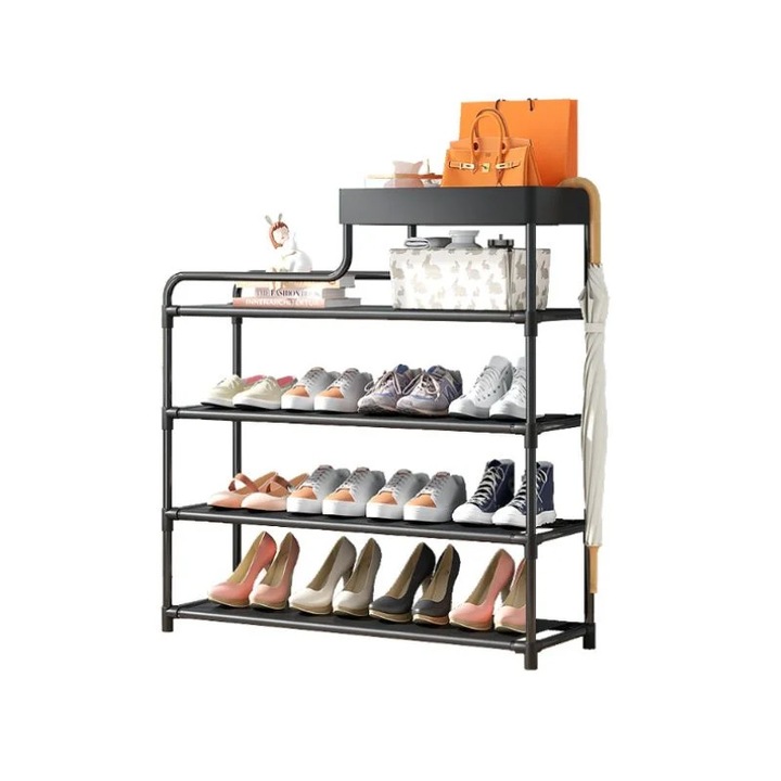 Черна шестетажна поставка за обувки с горен рафт