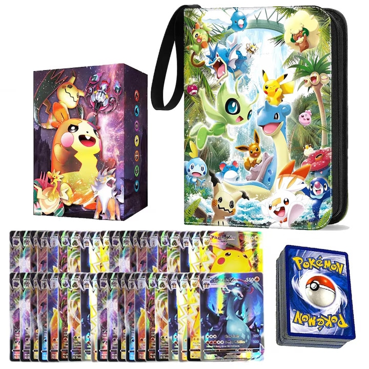 Комплект от 100 карти за игра с албум Pokemon, Duoqu®, 400 слота, с 4 отделения, Светлозелен