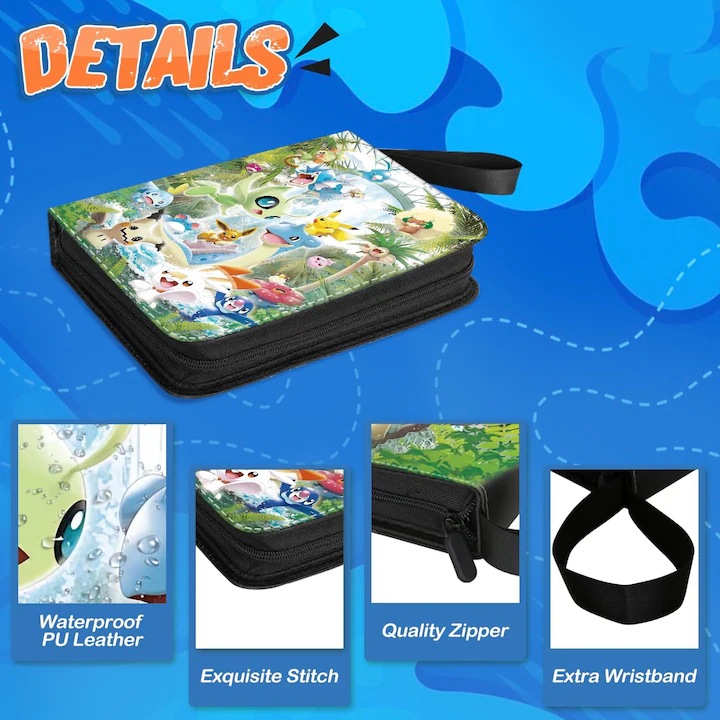 Set 100 carti de joc cu album Pokemon, Duoqu®, 400 de sloturi, cu 4 compartimente, Verde deschis