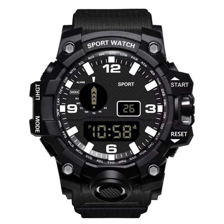 Ceas Digital pentru Barbati, Stil Sportiv si Fashion, Functii Multiple, Curea Flexibila, Negru