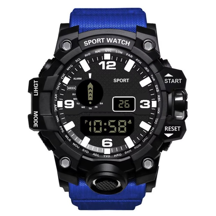 Ceas Digital pentru Barbati, Stil Sportiv si Fashion, Functii Multiple, Curea Flexibila, Albastru