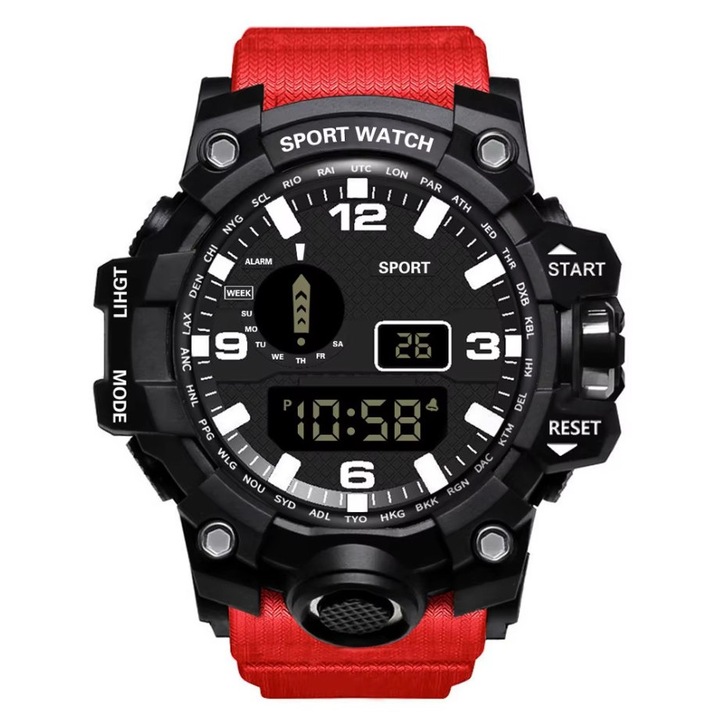Ceas Digital pentru Barbati, Stil Sportiv si Fashion, Functii Multiple, Curea Flexibila, Rosu