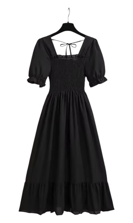 Elegáns tavaszi-nyári ruha, sifonból, univerzális méret, rugalmas derékkal, rövid ujjú, rakott, lezser, A-vonalú, nappali vagy estélyi ruha, könnyű, bársonyos, laza anyagból, fekete színű