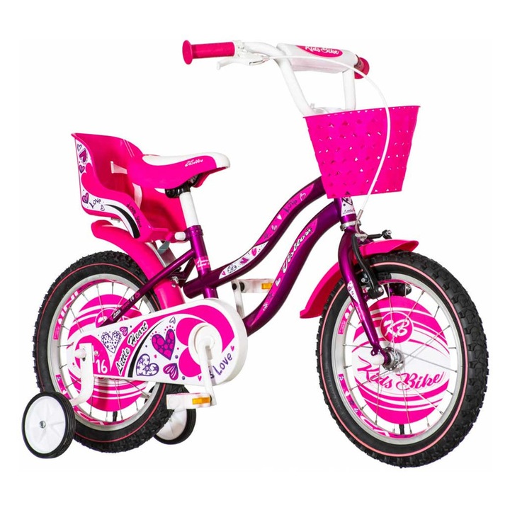 Bicicleta 12 inch, Visitor, roti ajutatoare, cos fata, scaun papusi, cadru otel 7 inch, mov/alb, Visitor Little Heart