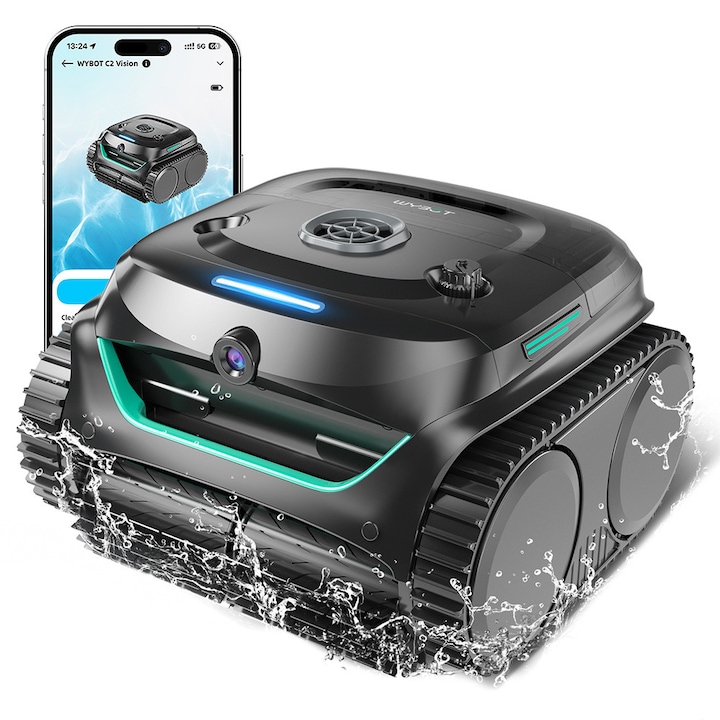 Robot curatare piscina Wybot C2 Vision, Zona de curatare 200m², 180min autonomie, Dual-layer/Roller System, Bluetooth/App Control, Temporizator periodic, cos de filtru obisnuit de 180 μm/HEPA, Negru