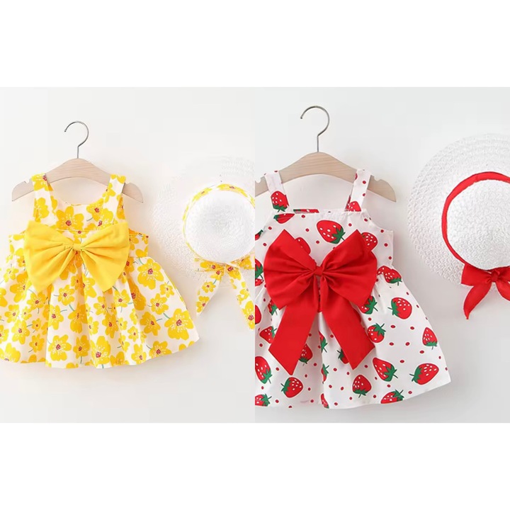 Set de 2 rochite pentru fetite, fara maneci, cu imprimeu floral sau capsune, cu funda mare, palarie asortata cu fundita, rosu-galben, Rosu/Alb/Galben