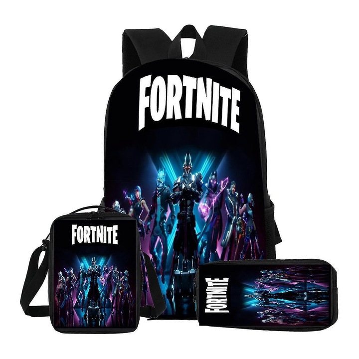 Gyerek hátizsák, Fortnite, 3 darabos, fekete, ebédtáska, tolltartó, 43x32x14cm, 24x19x10cm, 10x19x5cm