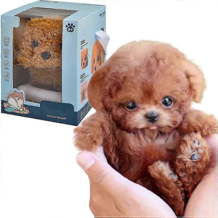 Jucarie de plus interactiva Robot Puppy, caine robot care merge si latra, dimensiune compacta, maro