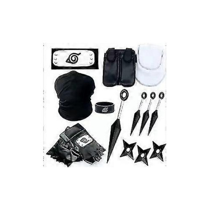 Set accesorii Naruto, manusi, shuriken, bandana, kunai, masca, 6 piese, alb/negru, 13cm