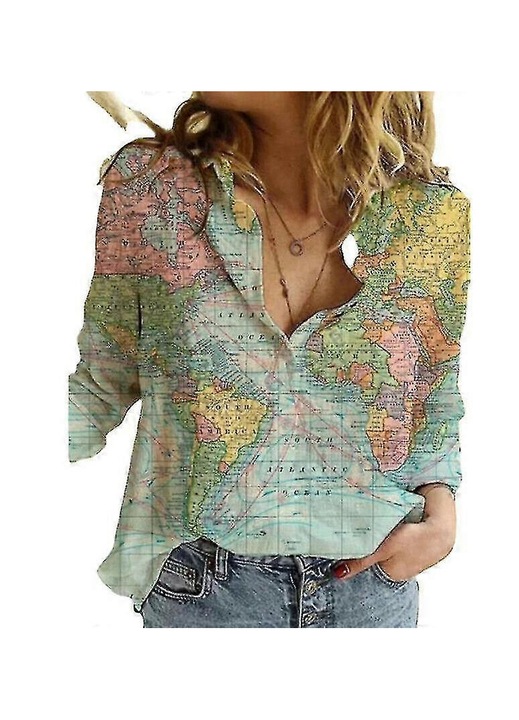 Vászon ing, térképmintával, világoszöld, női