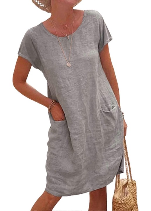 Rochie dama, maneca scurta, gat rotund, buzunare duble, gri, 3XL INTL