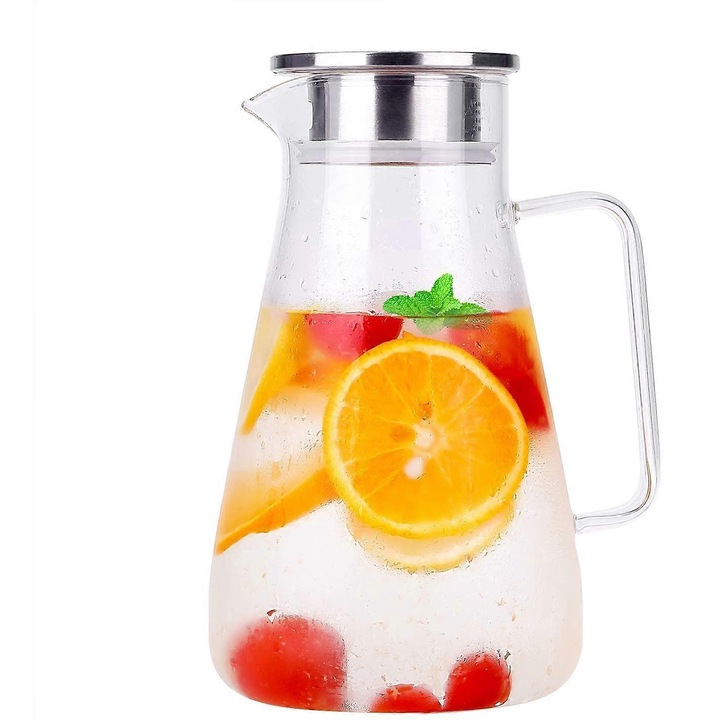Carafa din sticla borosilicata, 1800ml, capacitate mare, maner din cristal, capac din otel inoxidabil