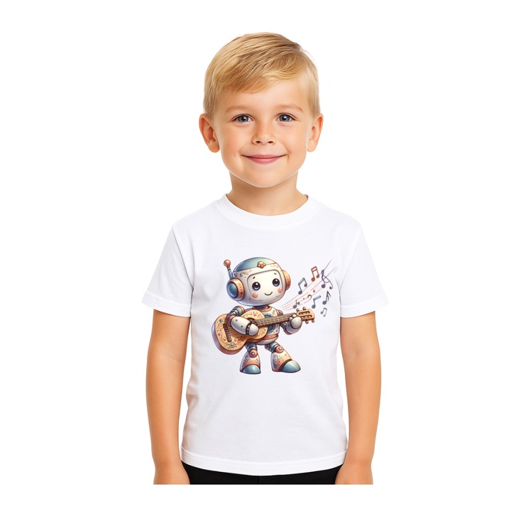 Nyari polo gyerekeknek, fiuknak, szemelyre szabott vidam minta, Krutika Robots kollekcio, Robot Gitaros Modell, enekes, szines, 100% puha pamut, feher, Fehér