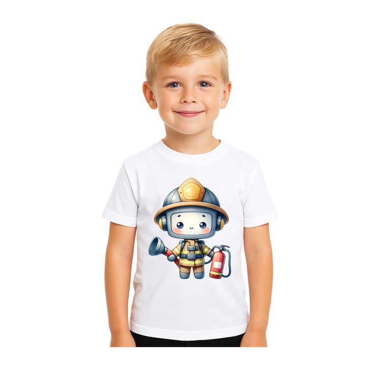 Nyari fius polo, egyedi, vidam nyomtatas, Krutika Robots kollekcio, szines tuzolto robot modell, kezmuves polo, 100% puha pamut, feher, Fehér